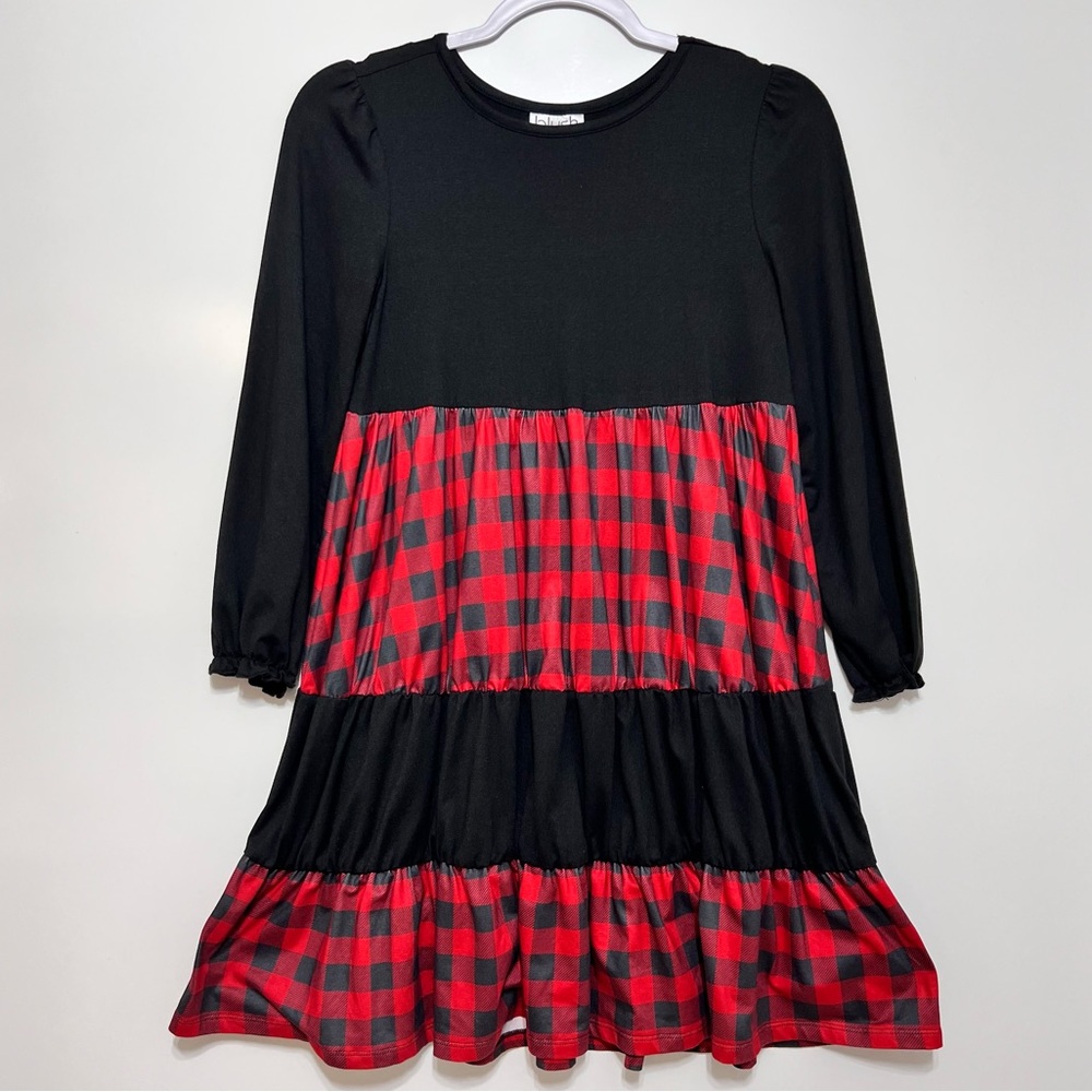 Blush Midi Holiday Party Cotton Long Sleeve Plaid Tiered Ruffle Dress Size 10